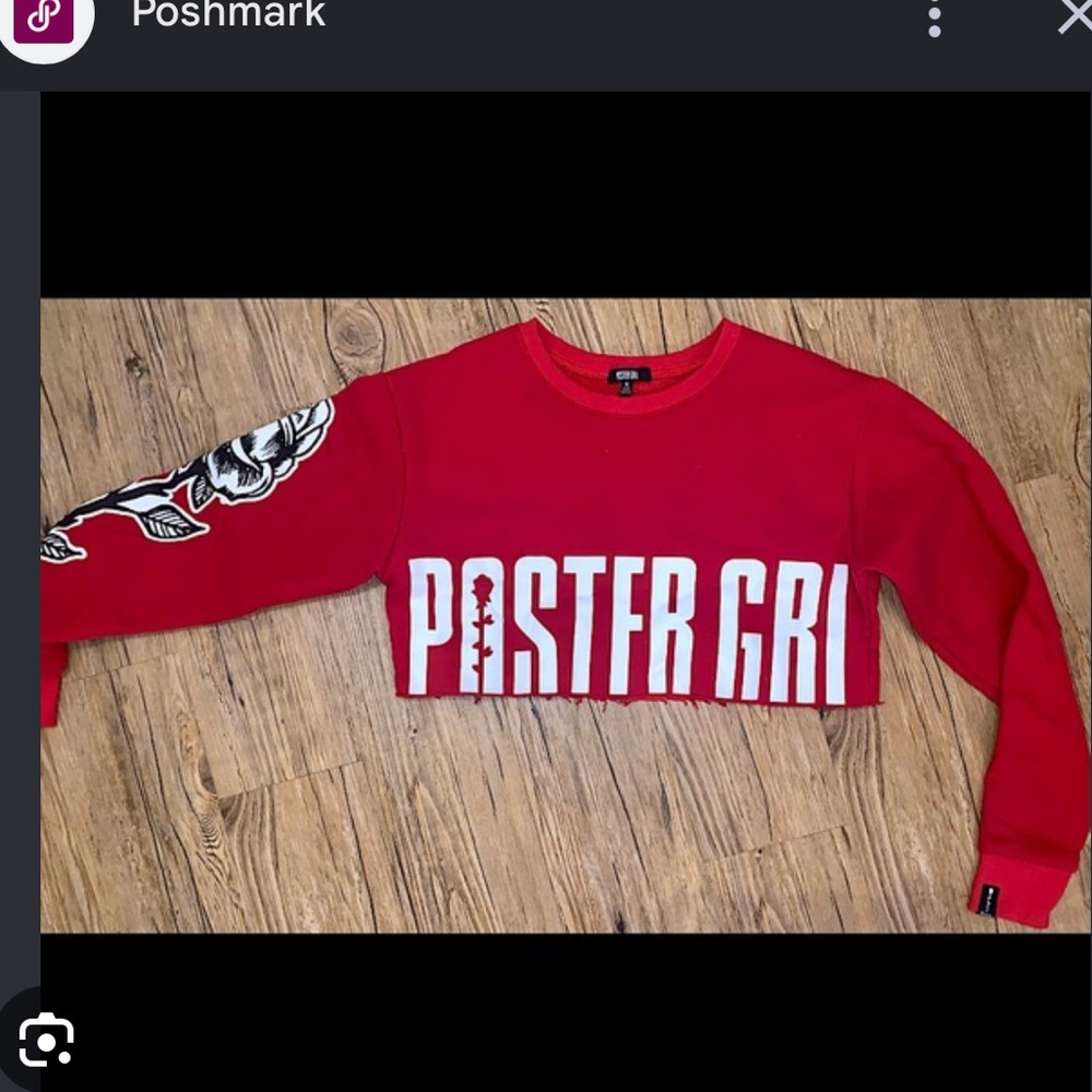 POSTER GIRL Red Cropped Crewneck with White Logo & Sleeve Rose
